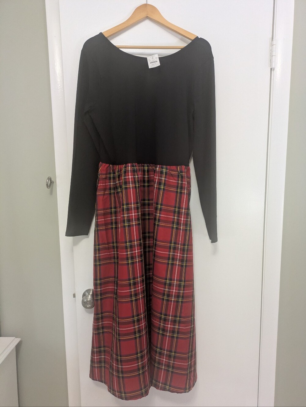 J. Crew Black Top with Red Plaid Maxi Skirt